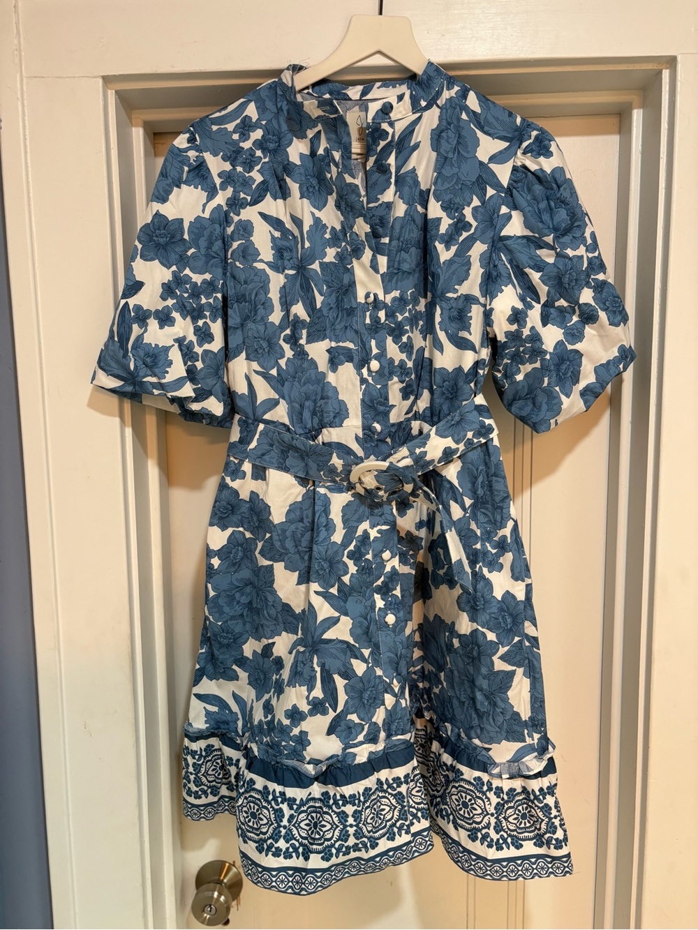 NWOT Joie Blue & White Floral Puff Sleeve Belted Cotton Mini Dress Size 4 - Picture 4 of 10
